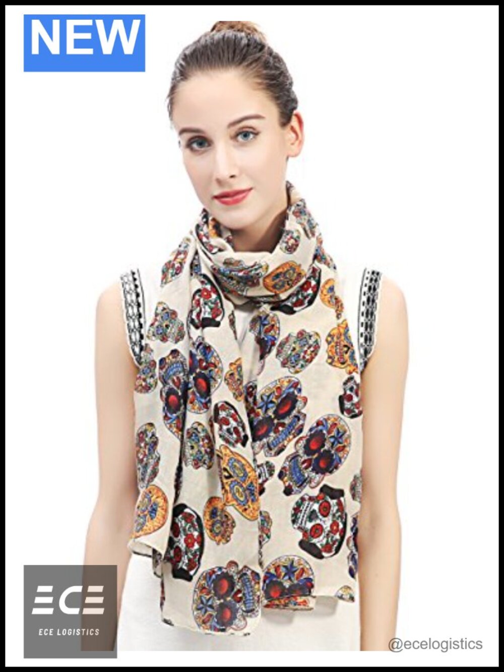 Polyester Sugar Skull Print Scarf Shawl Lightweight Wrap